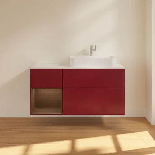 VILLEROY BOCH Toaletní skříňka Finion, s osvětlením, 3 výsuvy, 1200 x 603 x 501 mm, matný lak Peony / ořechová dýha / bílé matné sklo #F391GNHB, obrázek 3