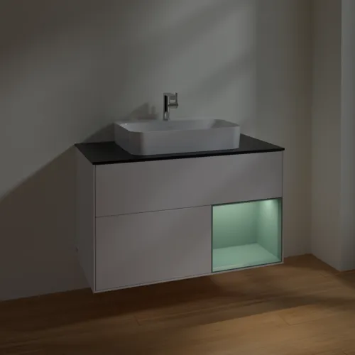 VILLEROY BOCH Toaletní skříňka Finion, s osvětlením, 2 výsuvy, 1000 x 603 x 501 mm, bílý matný lak / olivový matný lak / černé matné sklo #F372GMMT, obrázek 5