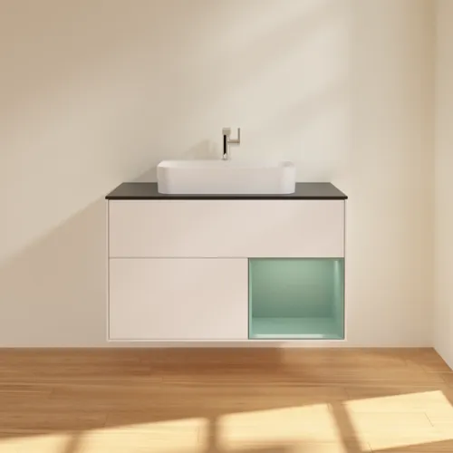 VILLEROY BOCH Toaletní skříňka Finion, s osvětlením, 2 výsuvy, 1000 x 603 x 501 mm, bílý matný lak / olivový matný lak / černé matné sklo #F372GMMT, obrázek 3