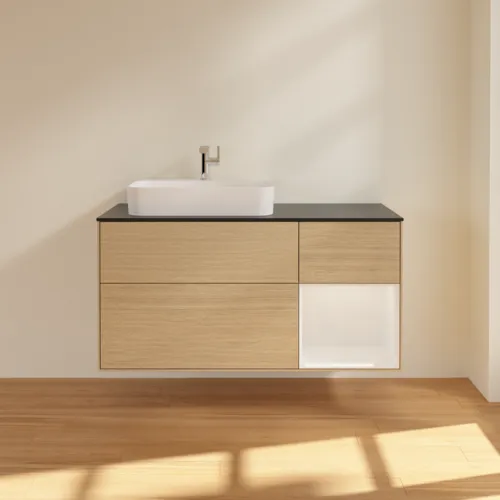 VILLEROY BOCH Toaletní skříňka Finion, s osvětlením, 3 výsuvy, 1200 x 603 x 501 mm, dubová dýha / lesklý bílý lak / černé matné sklo #F402GFPC, obrázek 3