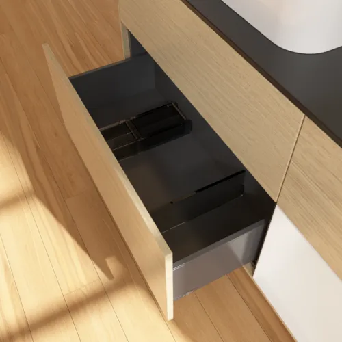 VILLEROY BOCH Toaletní skříňka Finion, s osvětlením, 3 výsuvy, 1200 x 603 x 501 mm, dubová dýha / lesklý bílý lak / černé matné sklo #F402GFPC, obrázek 7
