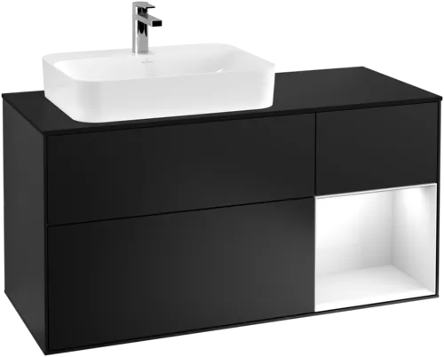 VILLEROY BOCH Toaletní skříňka Finion, s osvětlením, 3 výsuvy, 1200 x 603 x 501 mm, černý matný lak / bílý lesklý lak / černé matné sklo #F402GFPD