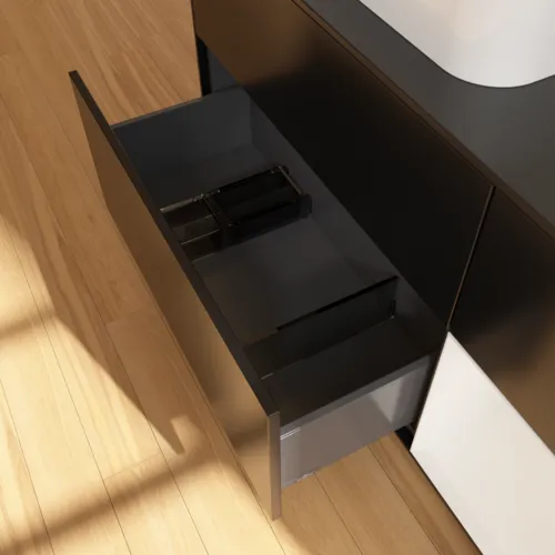 VILLEROY BOCH Toaletní skříňka Finion, s osvětlením, 3 výsuvy, 1200 x 603 x 501 mm, černý matný lak / bílý lesklý lak / černé matné sklo #F402GFPD, obrázek 7