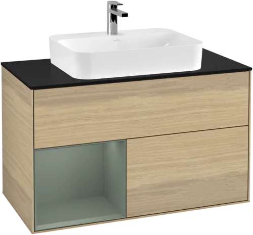 VILLEROY BOCH Toaletní skříňka Finion, s osvětlením, 2 výsuvy, 1000 x 603 x 501 mm, dubová dýha / olivově matný lak / sklo černé matné #F362GMPC