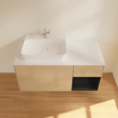 VILLEROY BOCH Toaletní skříňka Finion, s osvětlením, 3 výsuvy, 1200 x 603 x 501 mm, dubová dýha / černý matný lak / bílé matné sklo #F401PDPC, obrázek 4
