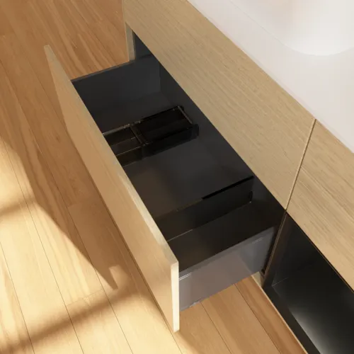 VILLEROY BOCH Toaletní skříňka Finion, s osvětlením, 3 výsuvy, 1200 x 603 x 501 mm, dubová dýha / černý matný lak / bílé matné sklo #F401PDPC, obrázek 7