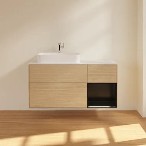 VILLEROY BOCH Toaletní skříňka Finion, s osvětlením, 3 výsuvy, 1200 x 603 x 501 mm, dubová dýha / černý matný lak / bílé matné sklo #F401PDPC, obrázek 3