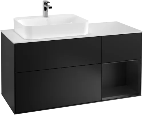 VILLEROY BOCH Toaletní skříňka Finion, s osvětlením, 3 výsuvy, 1200 x 603 x 501 mm, černý matný lak / černý matný lak / sklo bílé matné #F401PDPD
