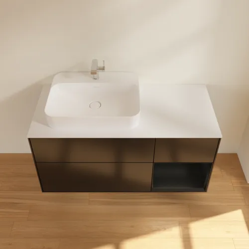 VILLEROY BOCH Toaletní skříňka Finion, s osvětlením, 3 výsuvy, 1200 x 603 x 501 mm, černý matný lak / černý matný lak / sklo bílé matné #F401PDPD, obrázek 4