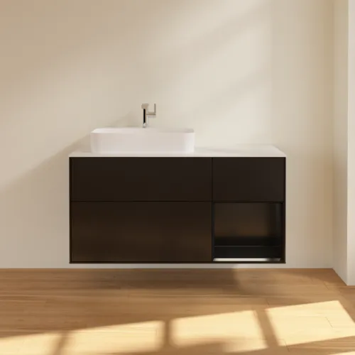 VILLEROY BOCH Toaletní skříňka Finion, s osvětlením, 3 výsuvy, 1200 x 603 x 501 mm, černý matný lak / černý matný lak / sklo bílé matné #F401PDPD, obrázek 3