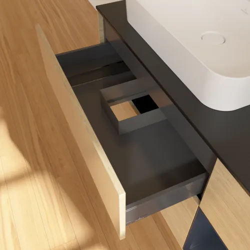 VILLEROY BOCH Toaletní skříňka Finion, s osvětlením, 3 výsuvy, 1200 x 603 x 501 mm, dubová dýha / půlnočně modrý matný lak / černé matné sklo #F402HGPC, obrázek 8