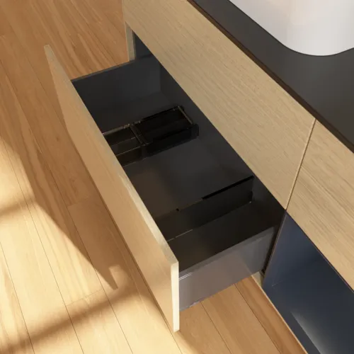 VILLEROY BOCH Toaletní skříňka Finion, s osvětlením, 3 výsuvy, 1200 x 603 x 501 mm, dubová dýha / půlnočně modrý matný lak / černé matné sklo #F402HGPC, obrázek 7