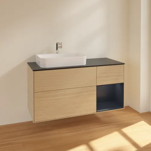 VILLEROY BOCH Toaletní skříňka Finion, s osvětlením, 3 výsuvy, 1200 x 603 x 501 mm, dubová dýha / půlnočně modrý matný lak / černé matné sklo #F402HGPC, obrázek 2