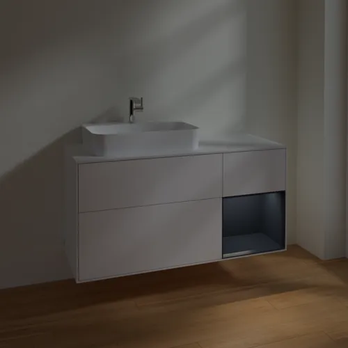 VILLEROY BOCH Toaletní skříňka Finion, s osvětlením, 3 výsuvy, 1200 x 603 x 501 mm, bílý matný lak / půlnoční modrý matný lak / bílé matné sklo #F401HGMT, obrázek 5