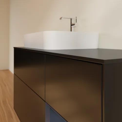 VILLEROY BOCH Toaletní skříňka Finion, s osvětlením, 3 výsuvy, 1200 x 603 x 501 mm, černý matný lak / půlnoční modrý matný lak / černé matné sklo #F402HGPD, obrázek 6