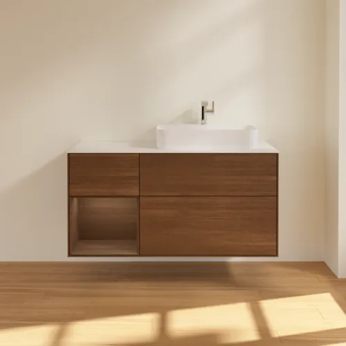 VILLEROY BOCH Toaletní skříňka Finion, s osvětlením, 3 výsuvy, 1200 x 603 x 501 mm, ořechová dýha / ořechová dýha / sklo bílé matné #F391GNGN, obrázek 3