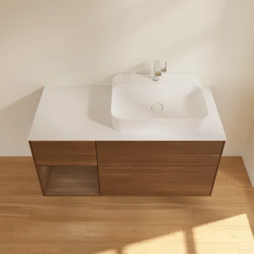 VILLEROY BOCH Toaletní skříňka Finion, s osvětlením, 3 výsuvy, 1200 x 603 x 501 mm, ořechová dýha / ořechová dýha / sklo bílé matné #F391GNGN, obrázek 4