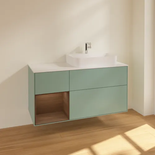 VILLEROY BOCH Toaletní skříňka Finion, s osvětlením, 3 výsuvy, 1200 x 603 x 501 mm, olivový matný lak / ořechová dýha / sklo bílé matné #F391GNGM, obrázek 2