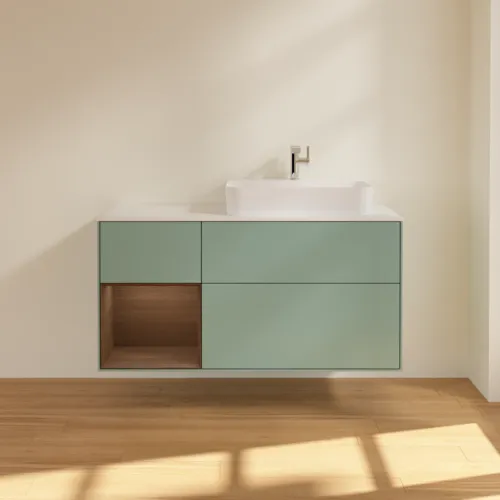 VILLEROY BOCH Toaletní skříňka Finion, s osvětlením, 3 výsuvy, 1200 x 603 x 501 mm, olivový matný lak / ořechová dýha / sklo bílé matné #F391GNGM, obrázek 3