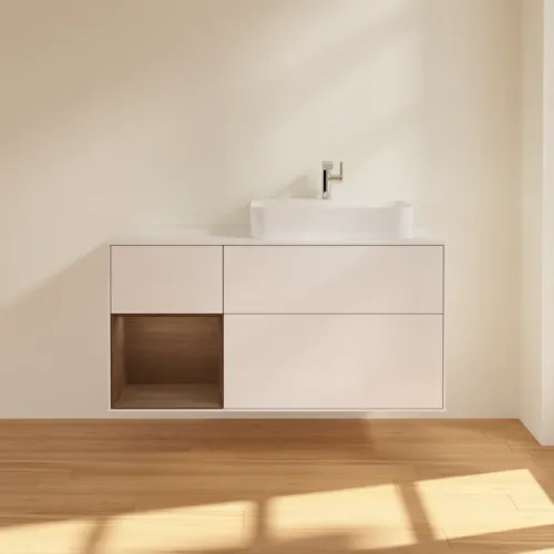 VILLEROY BOCH Toaletní skříňka Finion, s osvětlením, 3 výsuvy, 1200 x 603 x 501 mm, lesklý bílý lak / ořechová dýha / sklo bílé matné #F391GNGF, obrázek 3