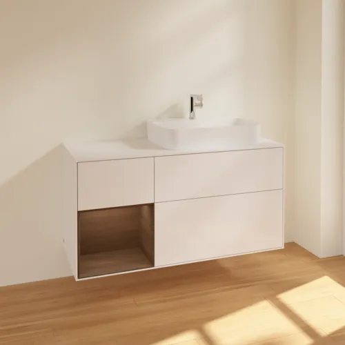 VILLEROY BOCH Toaletní skříňka Finion, s osvětlením, 3 výsuvy, 1200 x 603 x 501 mm, lesklý bílý lak / ořechová dýha / sklo bílé matné #F391GNGF, obrázek 2