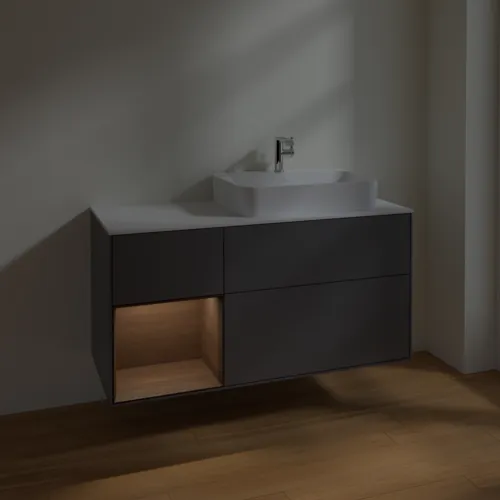 VILLEROY BOCH Toaletní skříňka Finion, s osvětlením, 3 výsuvy, 1200 x 603 x 501 mm, antracit matný lak / ořechová dýha / sklo bílé matné #F391GNGK, obrázek 5