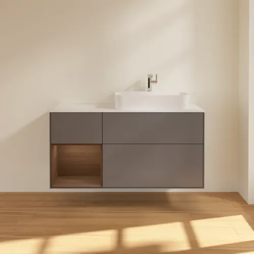 VILLEROY BOCH Toaletní skříňka Finion, s osvětlením, 3 výsuvy, 1200 x 603 x 501 mm, antracit matný lak / ořechová dýha / sklo bílé matné #F391GNGK, obrázek 3