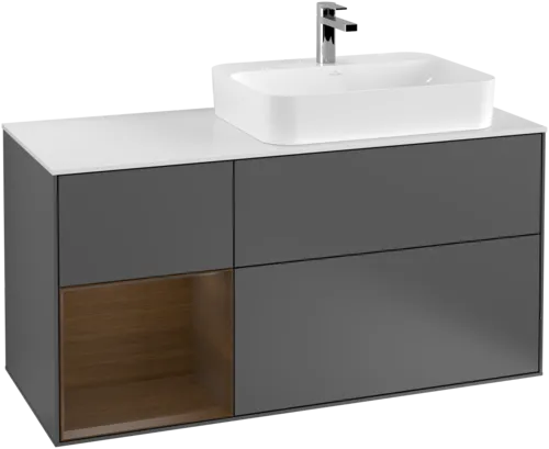 VILLEROY BOCH Toaletní skříňka Finion, s osvětlením, 3 výsuvy, 1200 x 603 x 501 mm, antracit matný lak / ořechová dýha / sklo bílé matné #F391GNGK