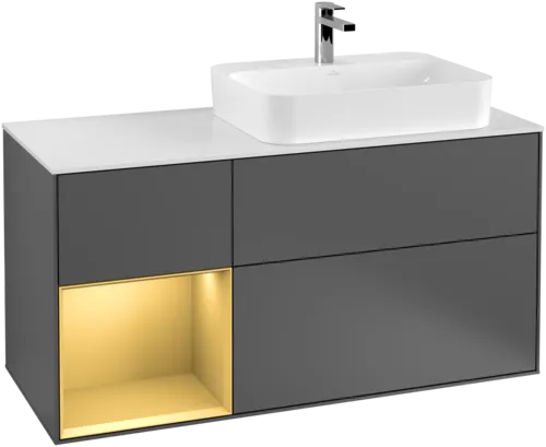 VILLEROY BOCH Toaletní skříňka Finion, s osvětlením, 3 výsuvy, 1200 x 603 x 501 mm, antracitový matný lak / zlatý matný lak / bílé matné sklo #F391HFGK