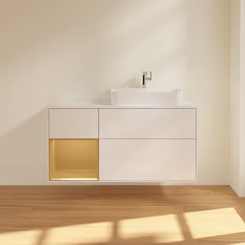 VILLEROY BOCH Toaletní skříňka Finion, s osvětlením, 3 výsuvy, 1200 x 603 x 501 mm, lesklý bílý lak / zlatý matný lak / bílé matné sklo #F391HFGF, obrázek 3