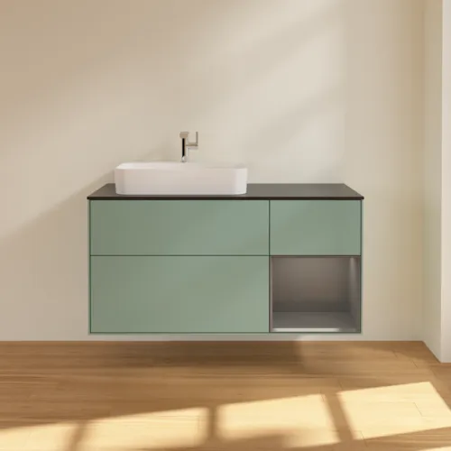 VILLEROY BOCH Toaletní skříňka Finion, s osvětlením, 3 výsuvy, 1200 x 603 x 501 mm, olivový matný lak / antracitový matný lak / černé matné sklo #F402GKGM, obrázek 3