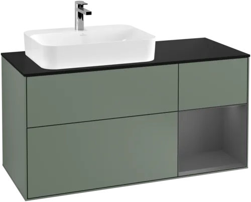 VILLEROY BOCH Toaletní skříňka Finion, s osvětlením, 3 výsuvy, 1200 x 603 x 501 mm, olivový matný lak / antracitový matný lak / černé matné sklo #F402GKGM