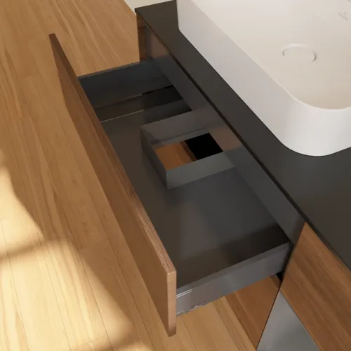 VILLEROY BOCH Toaletní skříňka Finion, s osvětlením, 3 výsuvy, 1200 x 603 x 501 mm, ořechová dýha / antracitový matný lak / černé matné sklo #F402GKGN, obrázek 8