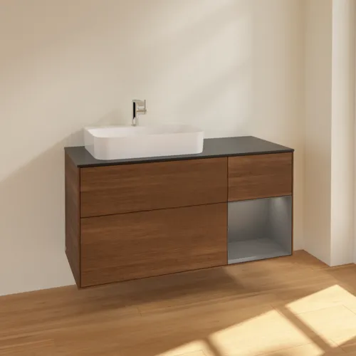 VILLEROY BOCH Toaletní skříňka Finion, s osvětlením, 3 výsuvy, 1200 x 603 x 501 mm, ořechová dýha / antracitový matný lak / černé matné sklo #F402GKGN, obrázek 2