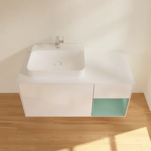 VILLEROY BOCH Toaletní skříňka Finion, s osvětlením, 3 výsuvy, 1200 x 603 x 501 mm, lesklý bílý lak / olivově matný lak / sklo bílé matné #F401GMGF, obrázek 4