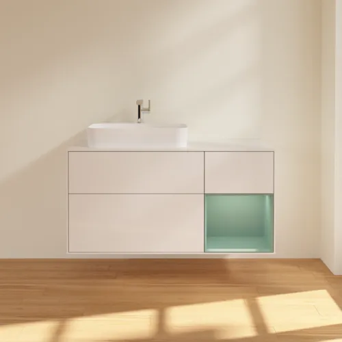 VILLEROY BOCH Toaletní skříňka Finion, s osvětlením, 3 výsuvy, 1200 x 603 x 501 mm, lesklý bílý lak / olivově matný lak / sklo bílé matné #F401GMGF, obrázek 3