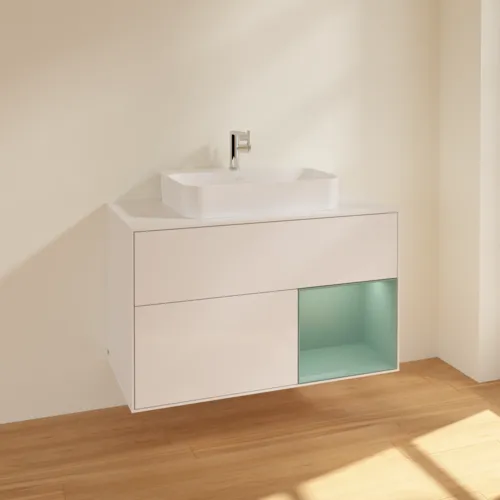 VILLEROY BOCH Toaletní skříňka Finion, s osvětlením, 2 výsuvy, 1000 x 603 x 501 mm, lesklý bílý lak / olivově matný lak / sklo bílé matné #F371GMGF, obrázek 2