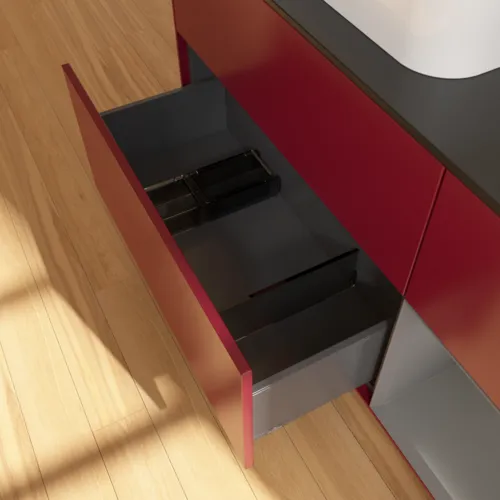 VILLEROY BOCH Toaletní skříňka Finion, s osvětlením, 3 výsuvy, 1200 x 603 x 501 mm, Pivoňka matný lak / Antracit matný lak / Sklo černé matné #F402GKHB, obrázek 7