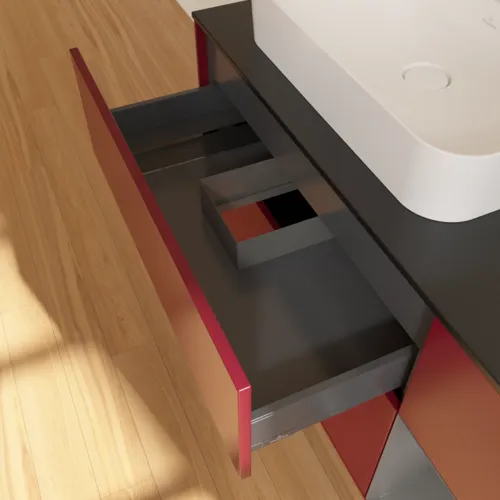 VILLEROY BOCH Toaletní skříňka Finion, s osvětlením, 3 výsuvy, 1200 x 603 x 501 mm, Pivoňka matný lak / Antracit matný lak / Sklo černé matné #F402GKHB, obrázek 8