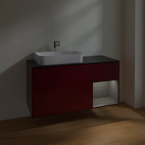 VILLEROY BOCH Toaletní skříňka Finion, s osvětlením, 3 výsuvy, 1200 x 603 x 501 mm, Pivoňka matný lak / Antracit matný lak / Sklo černé matné #F402GKHB, obrázek 5