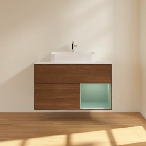 VILLEROY BOCH Toaletní stolek Finion, s osvětlením, 2 výsuvy, 1000 x 603 x 501 mm, ořechová dýha / olivový matný lak / sklo bílé matné #F371GMGN, obrázek 3