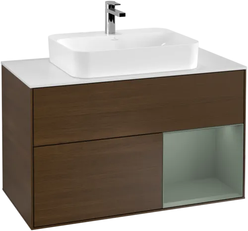 VILLEROY BOCH Toaletní stolek Finion, s osvětlením, 2 výsuvy, 1000 x 603 x 501 mm, ořechová dýha / olivový matný lak / sklo bílé matné #F371GMGN