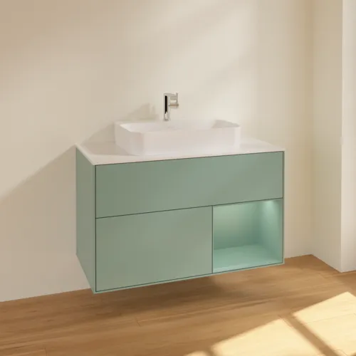 VILLEROY BOCH Toaletní skříňka Finion, s osvětlením, 2 výsuvy, 1000 x 603 x 501 mm, olivově matný lak / olivově matný lak / sklo bílé matné #F371GMGM, obrázek 2