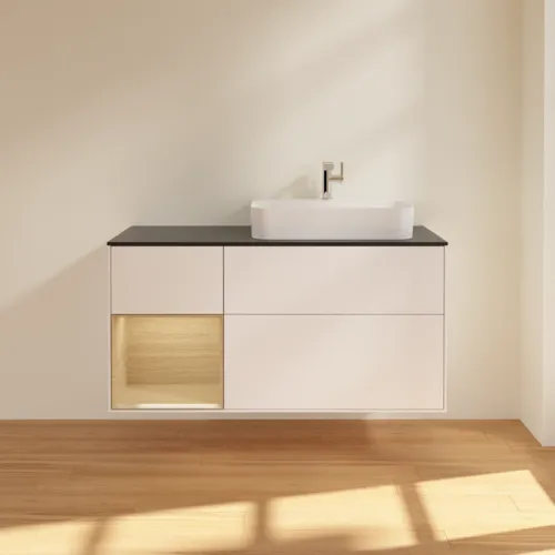 VILLEROY BOCH Toaletní skříňka Finion, s osvětlením, 3 výsuvy, 1200 x 603 x 501 mm, bílý matný lak / dubová dýha / černé matné sklo #F392PCMT, obrázek 3