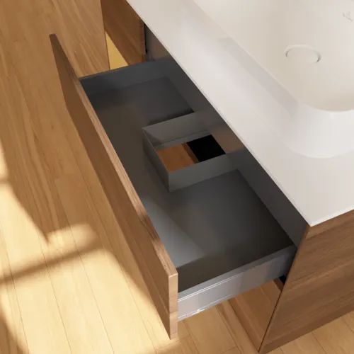 VILLEROY BOCH Toaletní skříňka Finion, s osvětlením, 3 výsuvy, 1200 x 603 x 501 mm, ořechová dýha / zlatý matný lak / sklo bílé matné #F391HFGN, obrázek 8