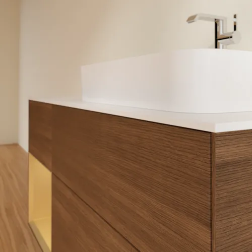 VILLEROY BOCH Toaletní skříňka Finion, s osvětlením, 3 výsuvy, 1200 x 603 x 501 mm, ořechová dýha / zlatý matný lak / sklo bílé matné #F391HFGN, obrázek 6