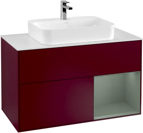 VILLEROY BOCH Toaletní skříňka Finion, s osvětlením, 2 výsuvy, 1000 x 603 x 501 mm, Pivoňka matný lak / Olivový matný lak / Sklo bílé matné #F371GMHB
