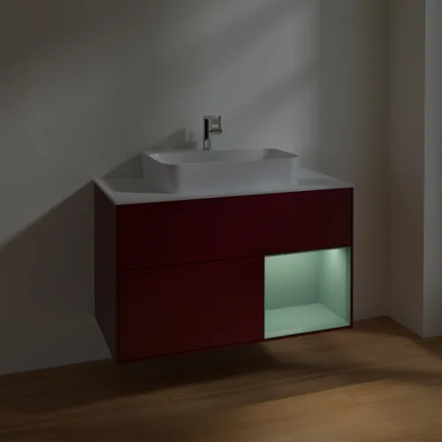 VILLEROY BOCH Toaletní skříňka Finion, s osvětlením, 2 výsuvy, 1000 x 603 x 501 mm, Pivoňka matný lak / Olivový matný lak / Sklo bílé matné #F371GMHB, obrázek 5