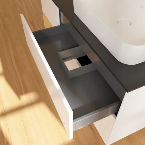 VILLEROY BOCH Toaletní skříňka Finion, s osvětlením, 3 výsuvy, 1200 x 603 x 501 mm, bílý matný lak / zlatý matný lak / černé matné sklo #F392HFMT, obrázek 8