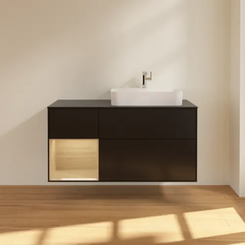 VILLEROY BOCH Toaletní skříňka Finion, s osvětlením, 3 výsuvy, 1200 x 603 x 501 mm, černý matný lak / dubová dýha / černé matné sklo #F392PCPD, obrázek 3